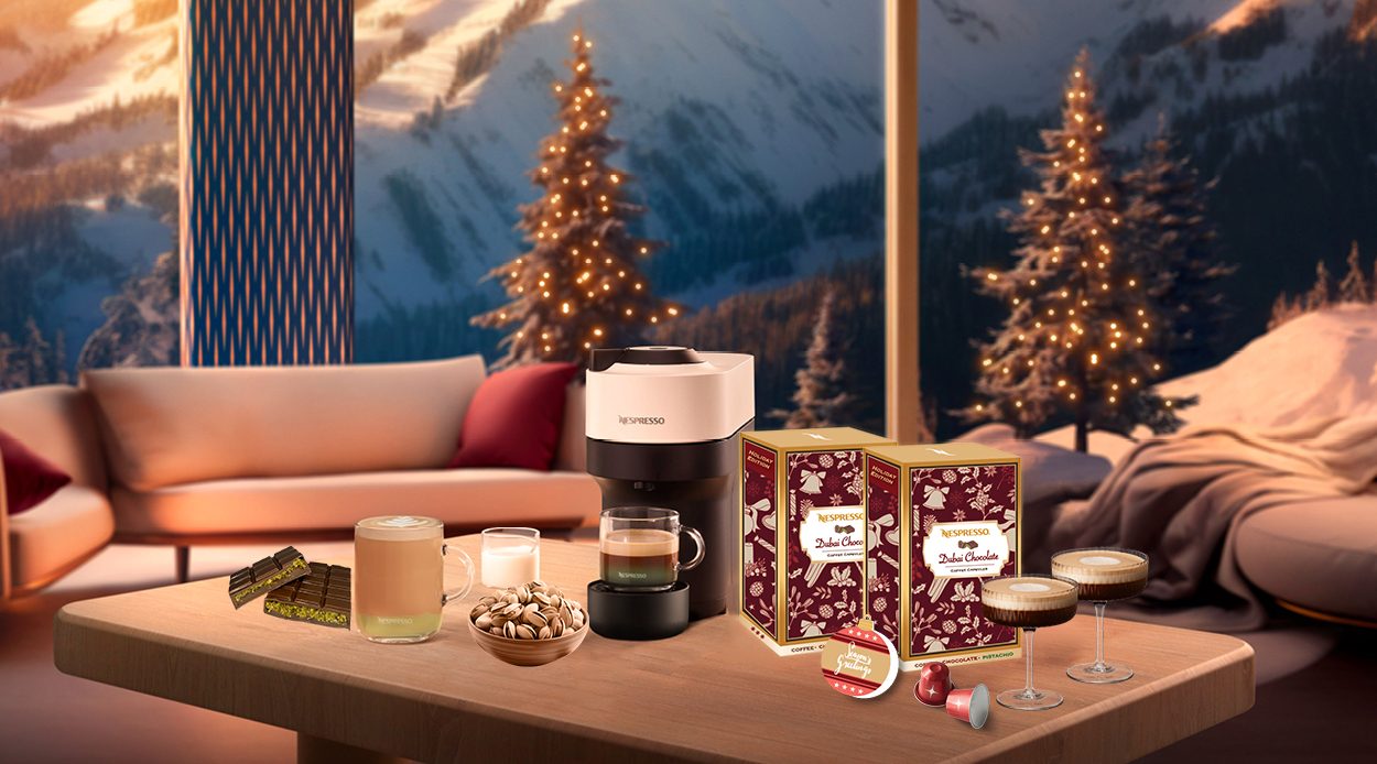 Nespresso holiday Dubai Chocolate capsules in a winter living room